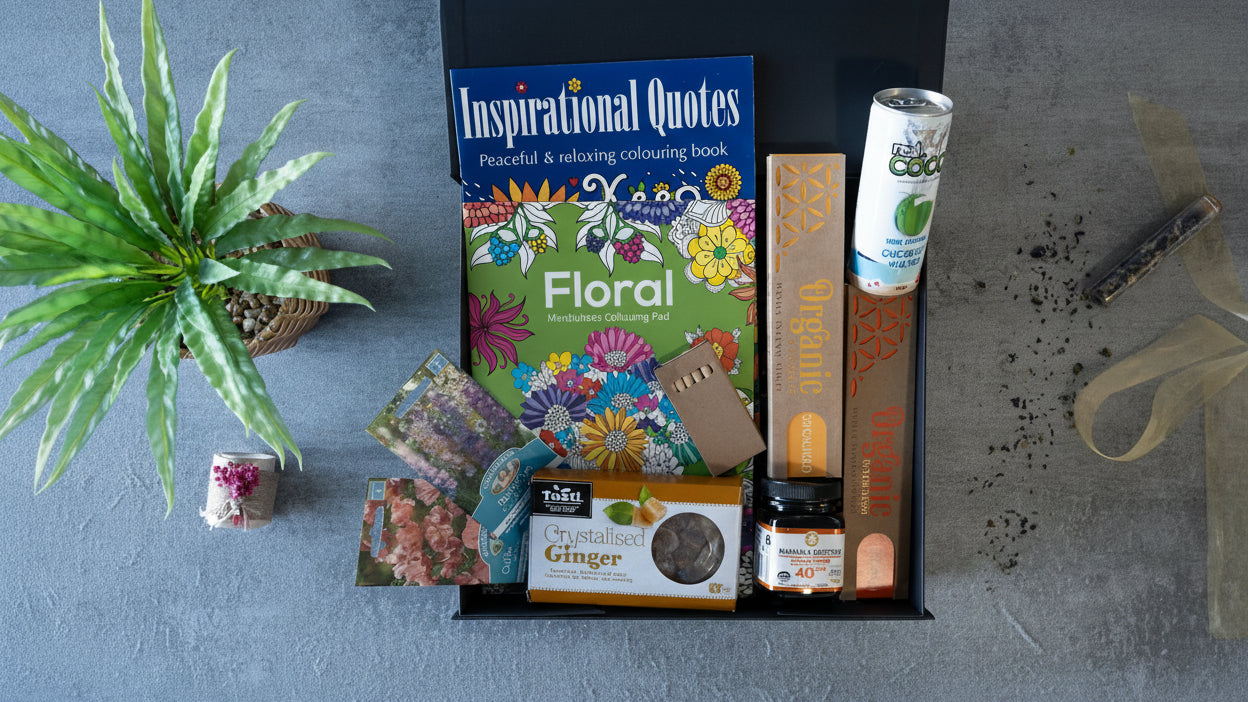 #GoodnessGoodies#ArchiesGiftBox A gift box containing various wellness-related items including a book titled 'Inspirational Quotes', incense sticks, flower seeds, ginger and honey, and a potted plant.