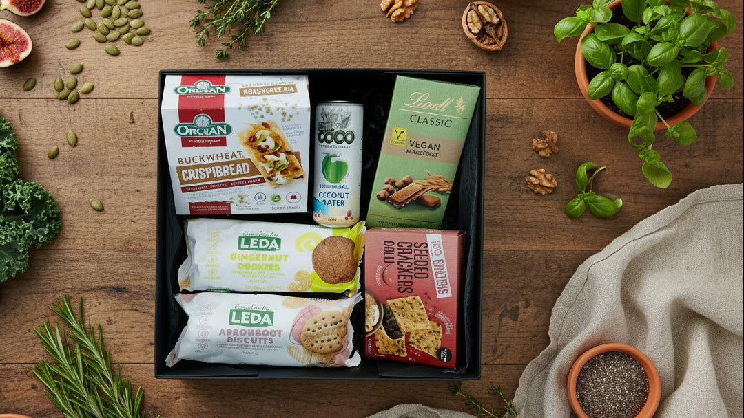 #Gift#Vegan#Delight#Archies#Gift#BoxA vegan delight #gift #box open to display a variety of packaged food items including hazelnut chocolate, biscuits, cookies, and crackers.
