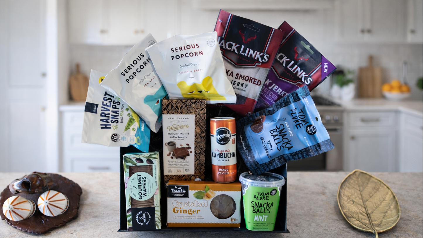 Assorted snacks and treats including popcorn, chips, and a cookie on a kitchen counter. Gift-DudeNibbles-ArchiesGiftBox