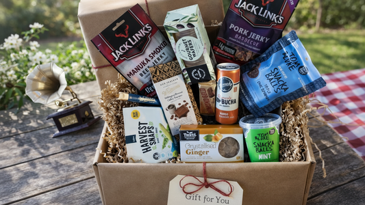 Gift basket with snacks and drinks on a wooden table outdoors. Gifts-TastyTreats-ArchiesGiftBox