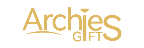 Gold Archies Gift logo text on a solid black background. Hamper gift. Gift Basket. Gift Box